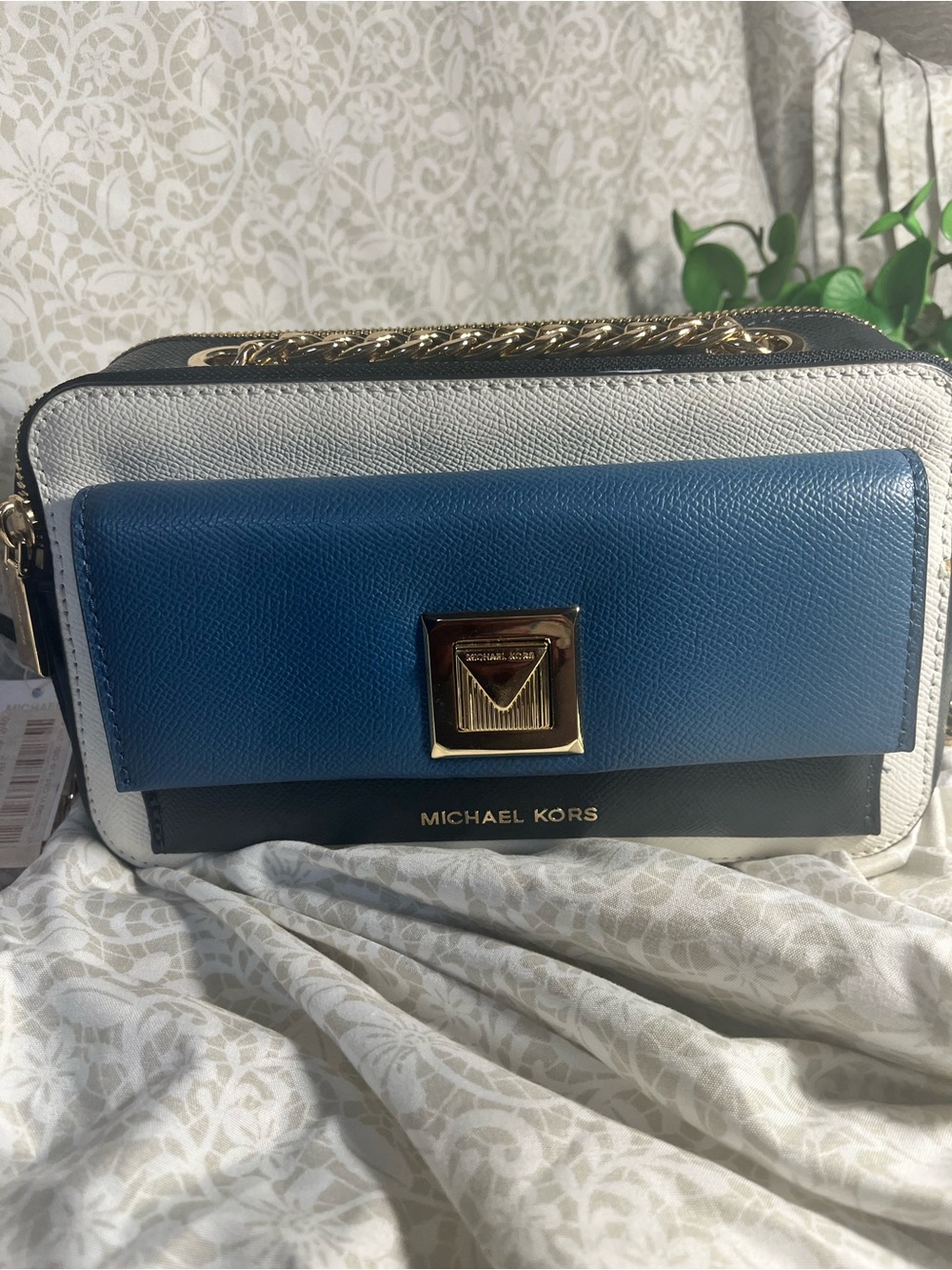 Michael Kors Blue & White Leather Colorblock Crossbody